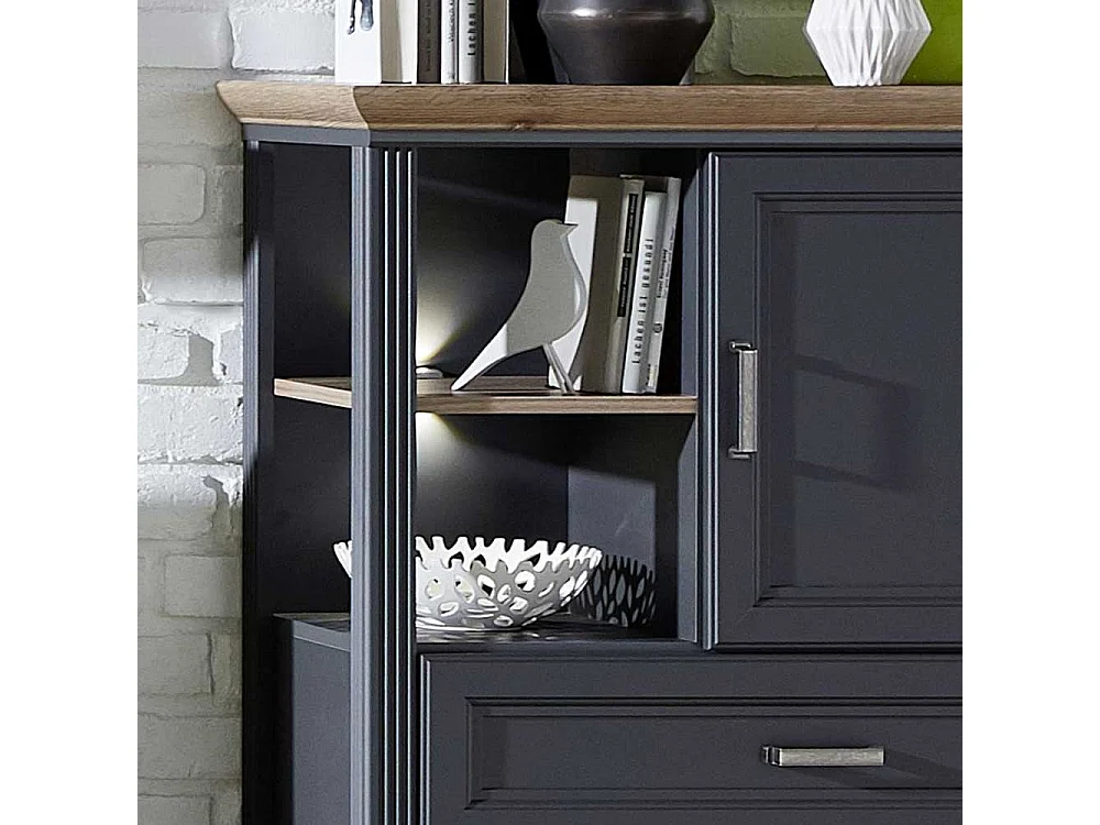 Wohnzimmer Kommode in Dunkelgrau und Eichefarben LED Beleuchtung