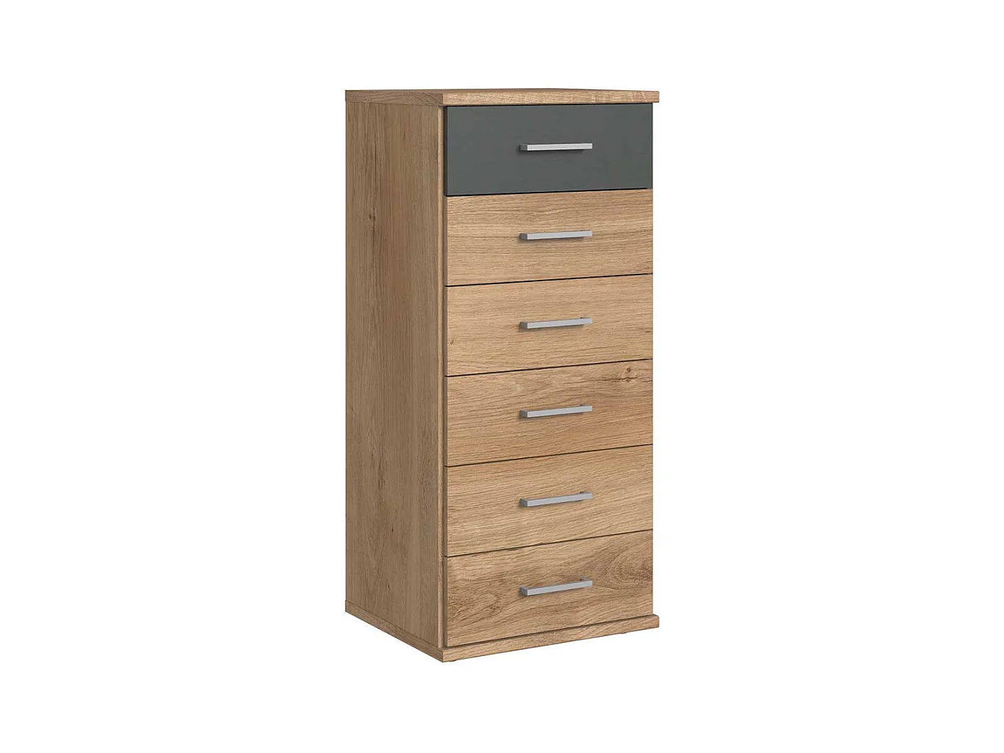 Hohe Kommode modern mit sechs Schubladen Eichefarben und Dunkelgrau