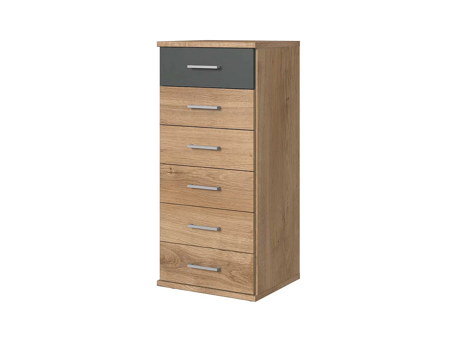 Hohe Kommode modern mit sechs Schubladen Eichefarben und Dunkelgrau