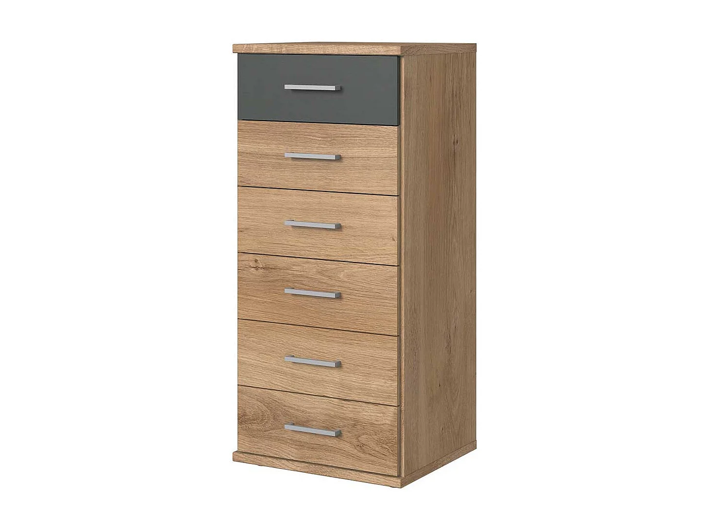 Hohe Kommode modern mit sechs Schubladen Eichefarben und Dunkelgrau