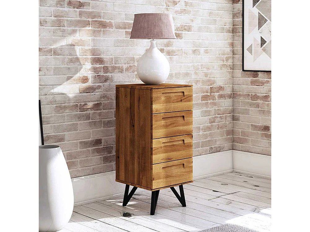 Schubladen Kommode aus Wildeiche Massivholz und Stahl 45 cm breit