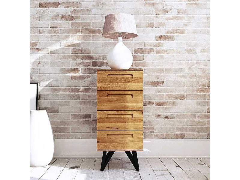 Schubladen Kommode aus Wildeiche Massivholz und Stahl 45 cm breit