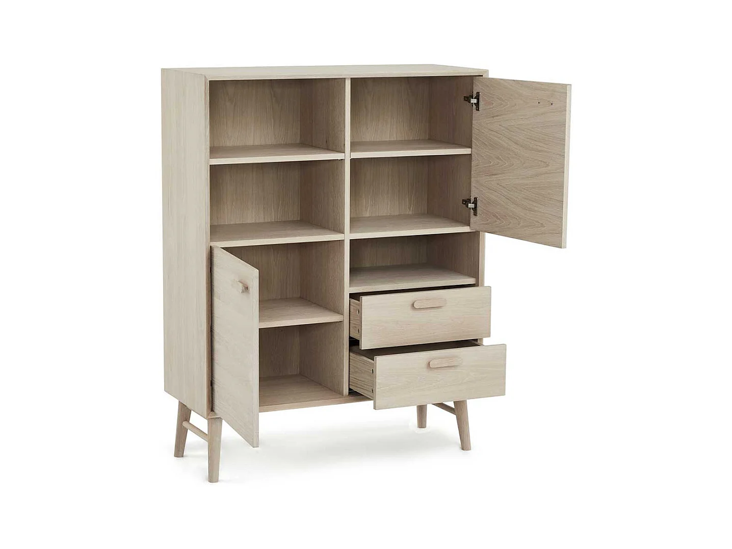 Highboard Kommode mit Holzgriffen und drei offenen Fächern