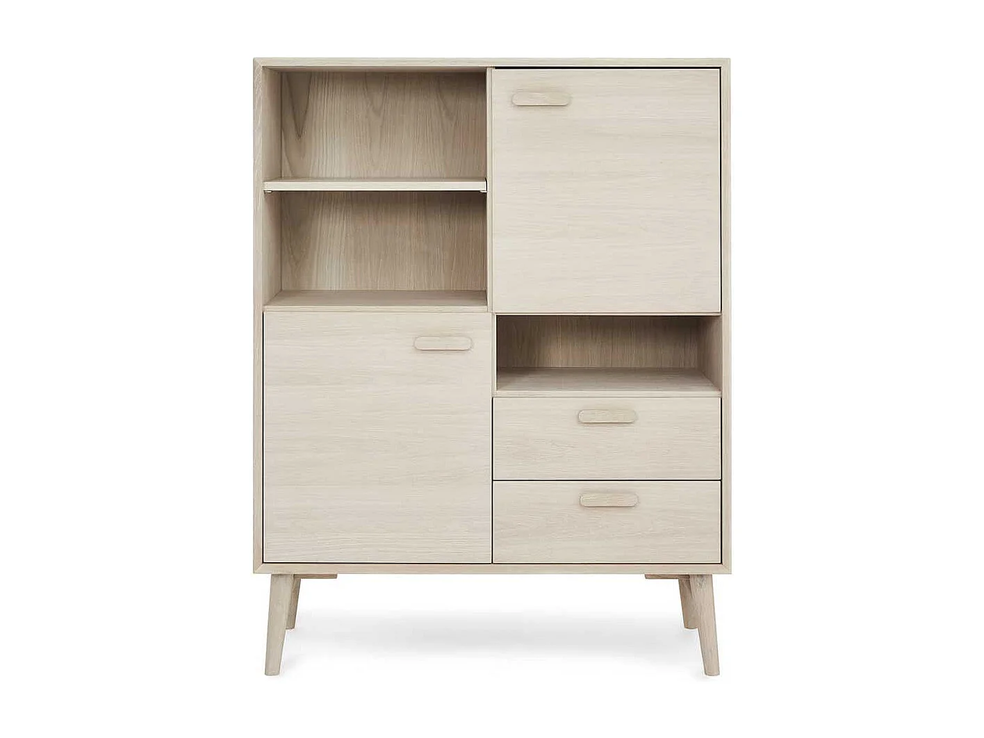 Highboard Kommode mit Holzgriffen und drei offenen Fächern