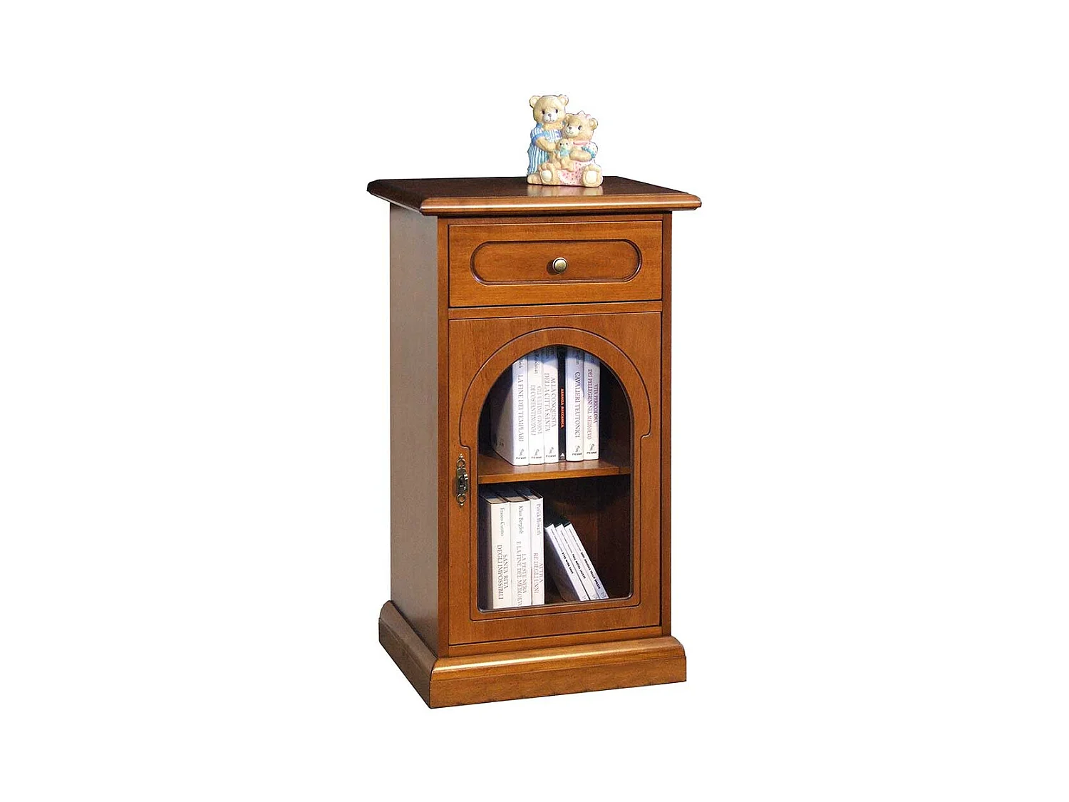 Nussbaumfarbige Kommode mit Glastür einer Schublade