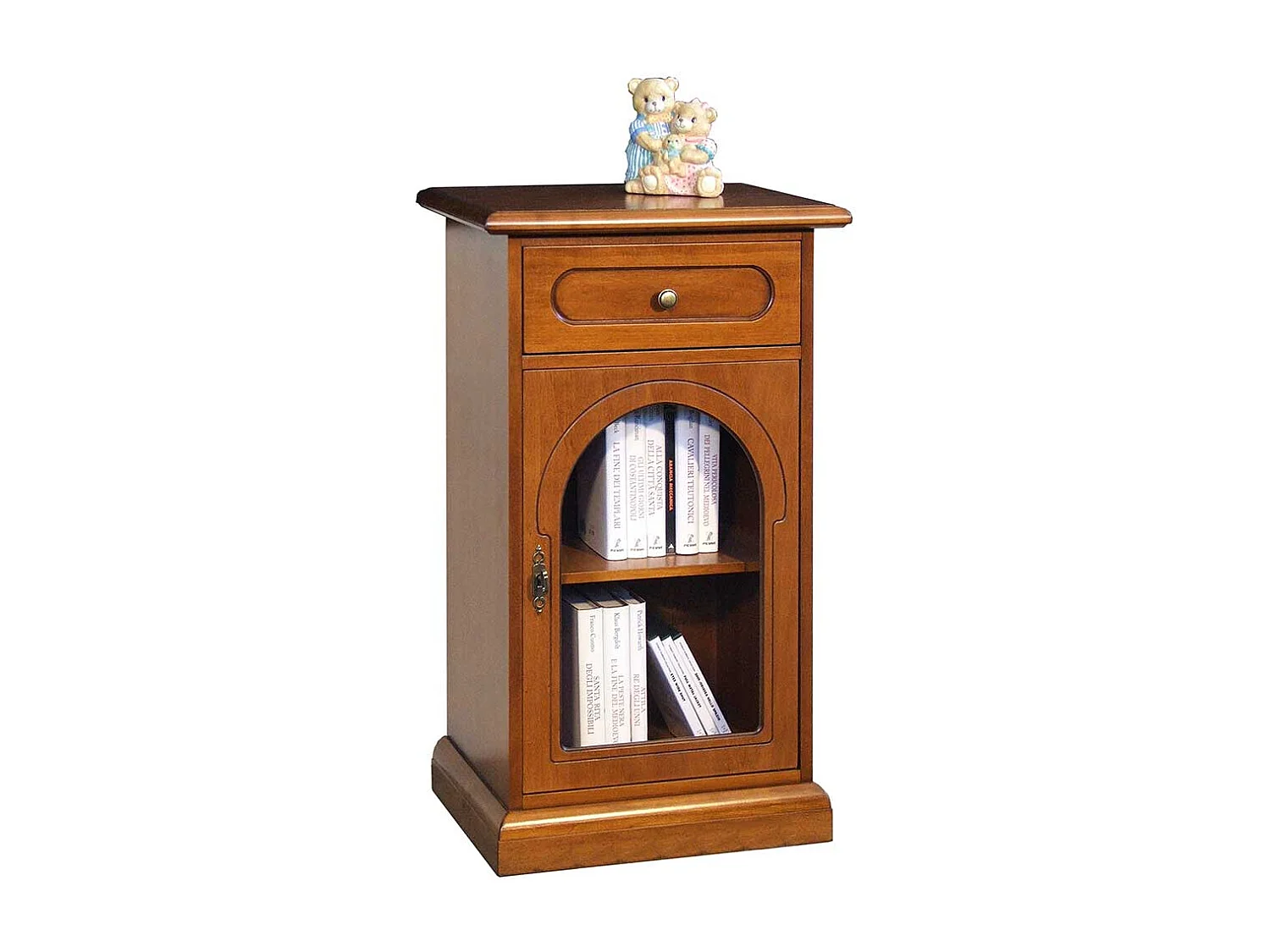 Nussbaumfarbige Kommode mit Glastür einer Schublade