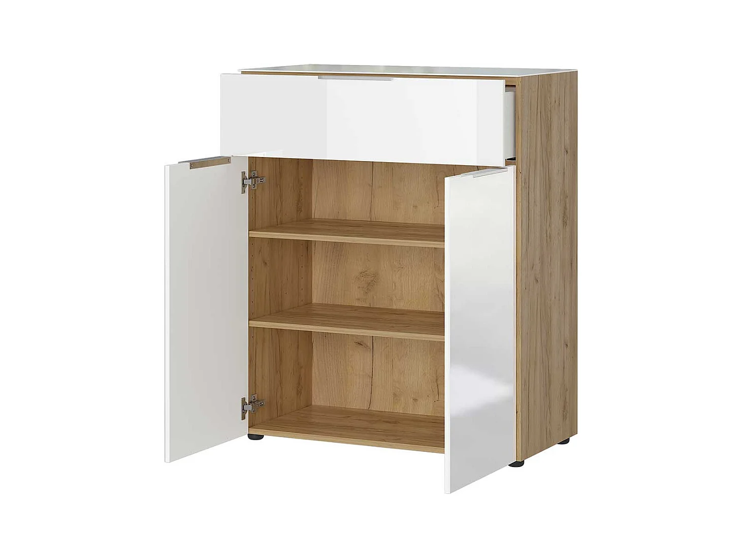 Vertiko Kommode in Weiß und Wildeiche Optik Glas beschichtet