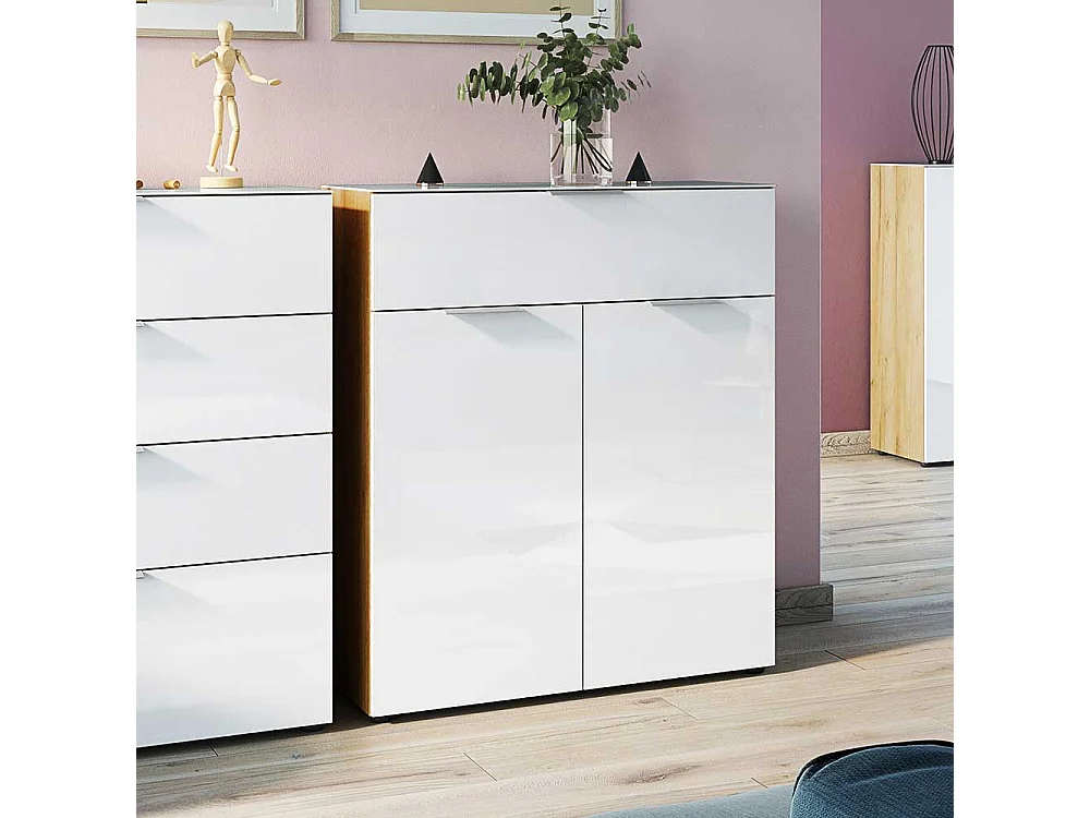 Vertiko Kommode in Weiß und Wildeiche Optik Glas beschichtet
