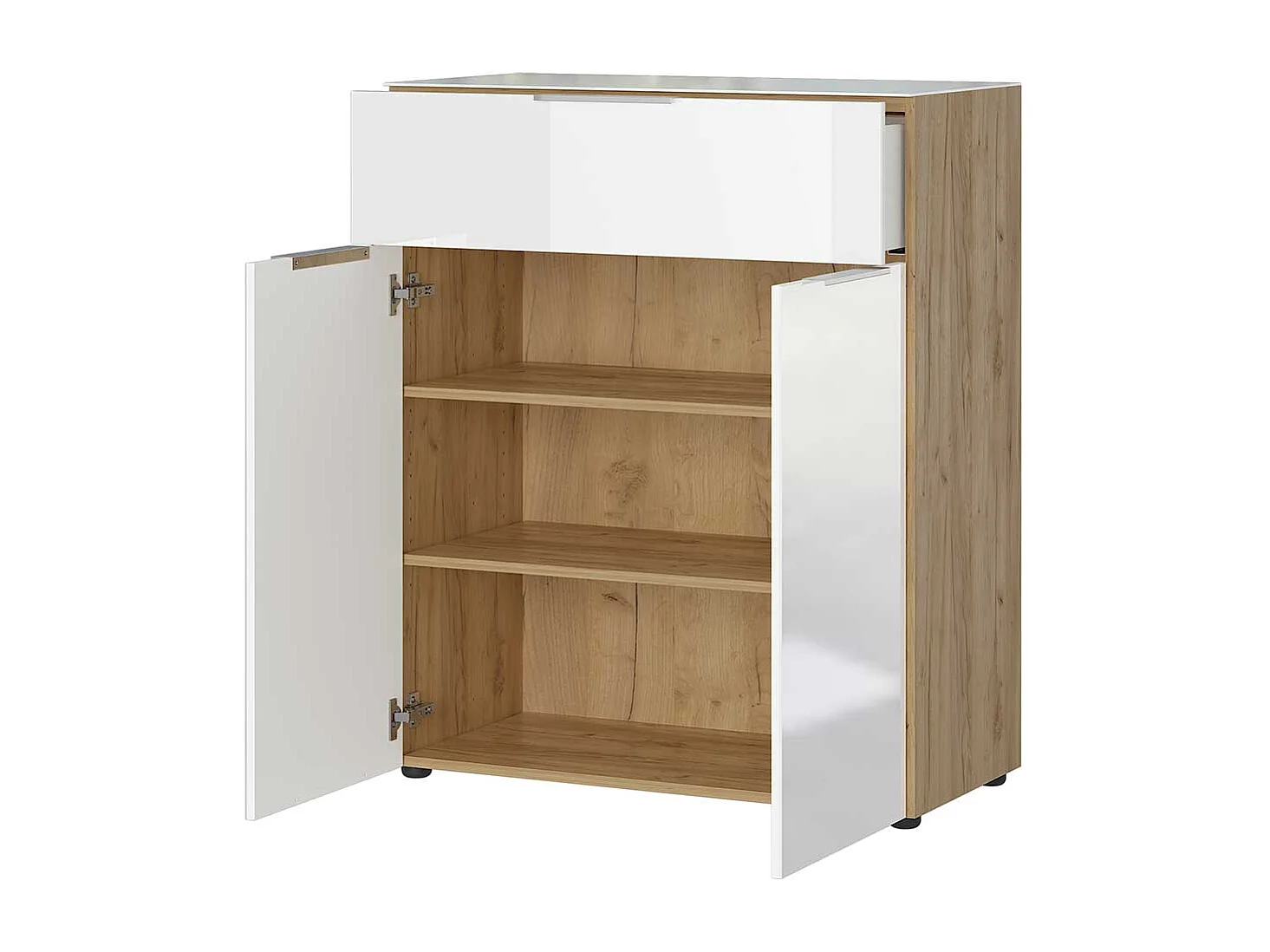 Vertiko Kommode in Weiß und Wildeiche Optik Glas beschichtet