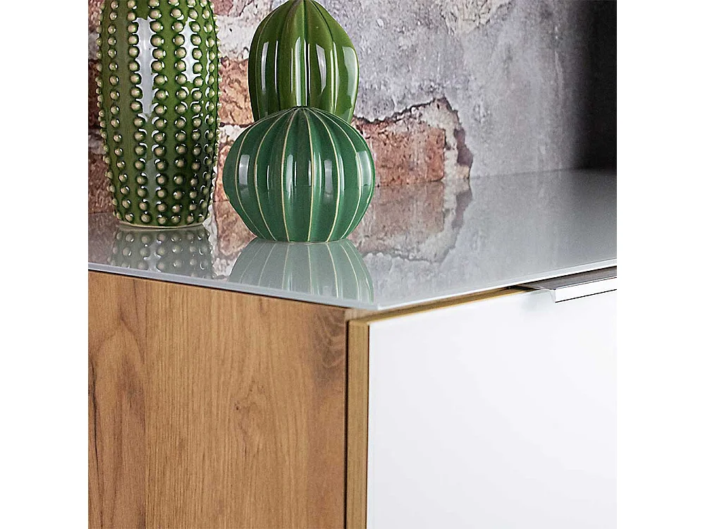 Vertiko Kommode in Weiß und Wildeiche Optik Glas beschichtet