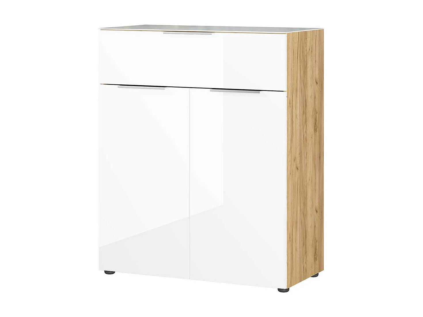 Vertiko Kommode in Weiß und Wildeiche Optik Glas beschichtet