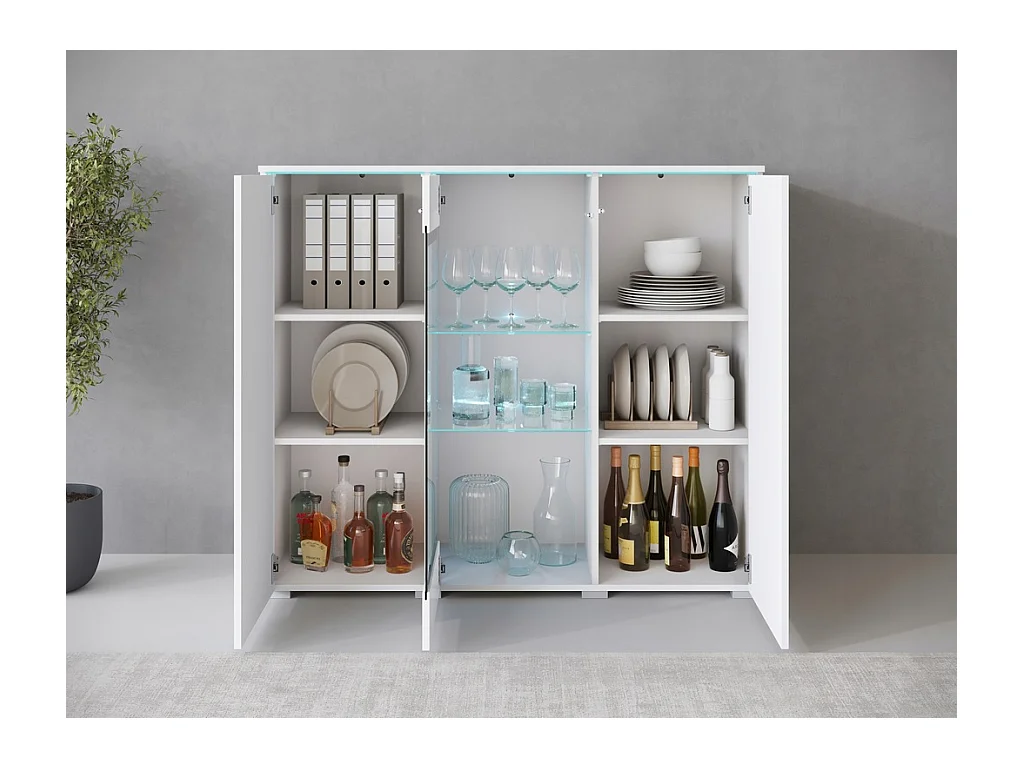 Vitrine haute moderne 120 cm pour salon avec LED, 3 portes, corps blanc mat, façades blanc brillant