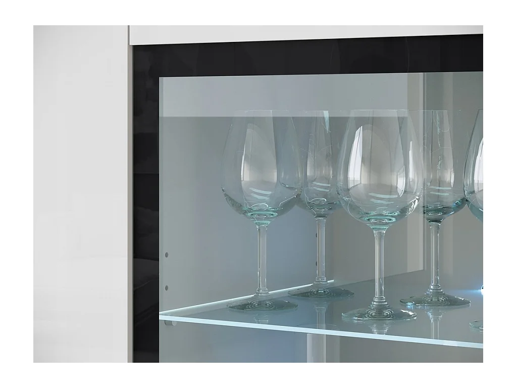 Vitrine haute moderne 120 cm pour salon avec LED, 3 portes, corps blanc mat, façades blanc brillant