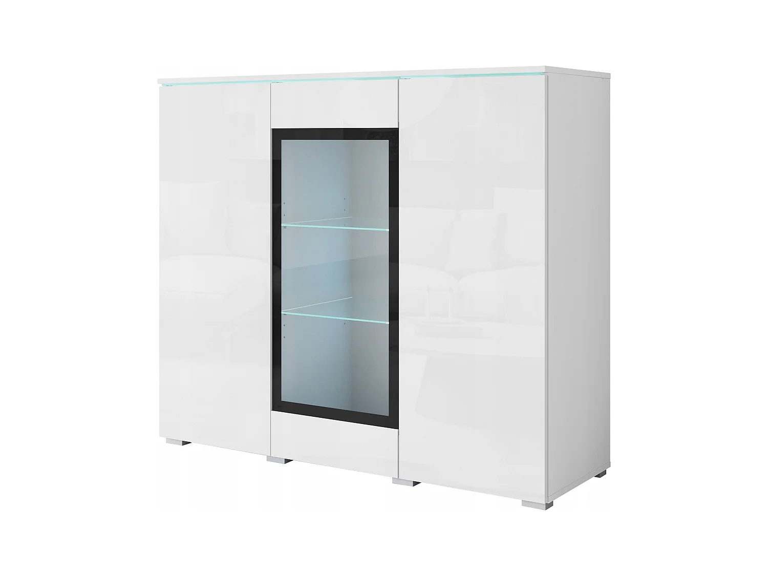 Vitrine haute moderne 120 cm pour salon avec LED, 3 portes, corps blanc mat, façades blanc brillant