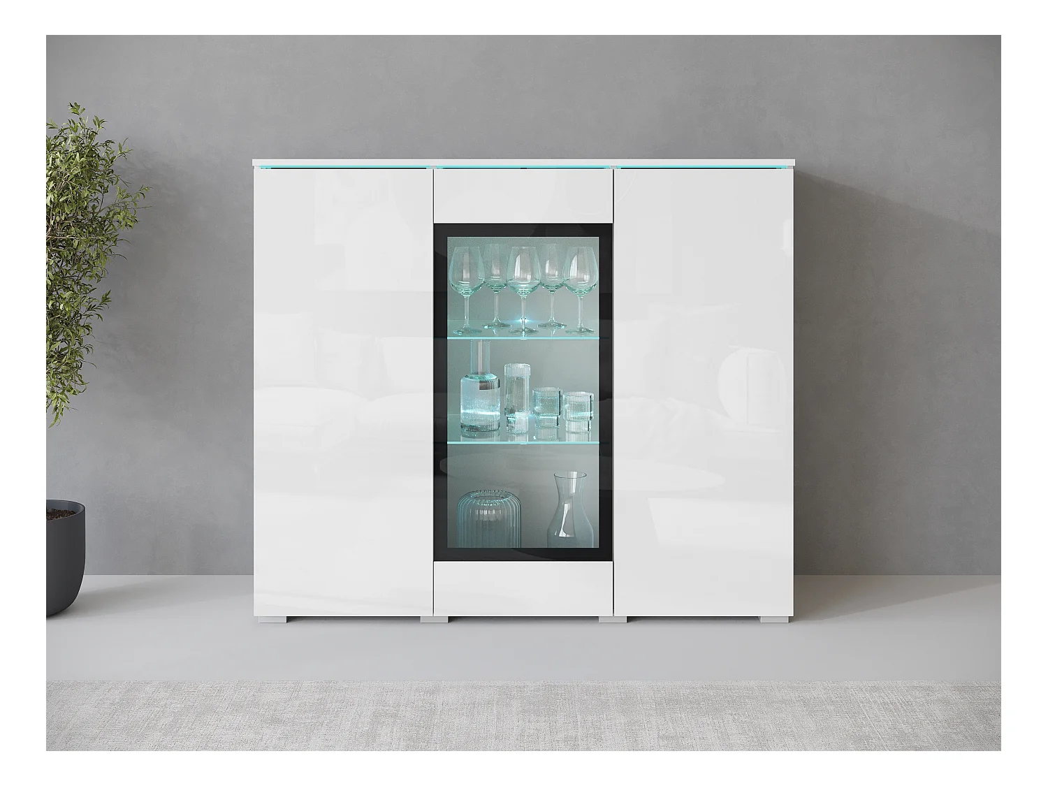 Vitrine haute moderne 120 cm pour salon avec LED, 3 portes, corps blanc mat, façades blanc brillant