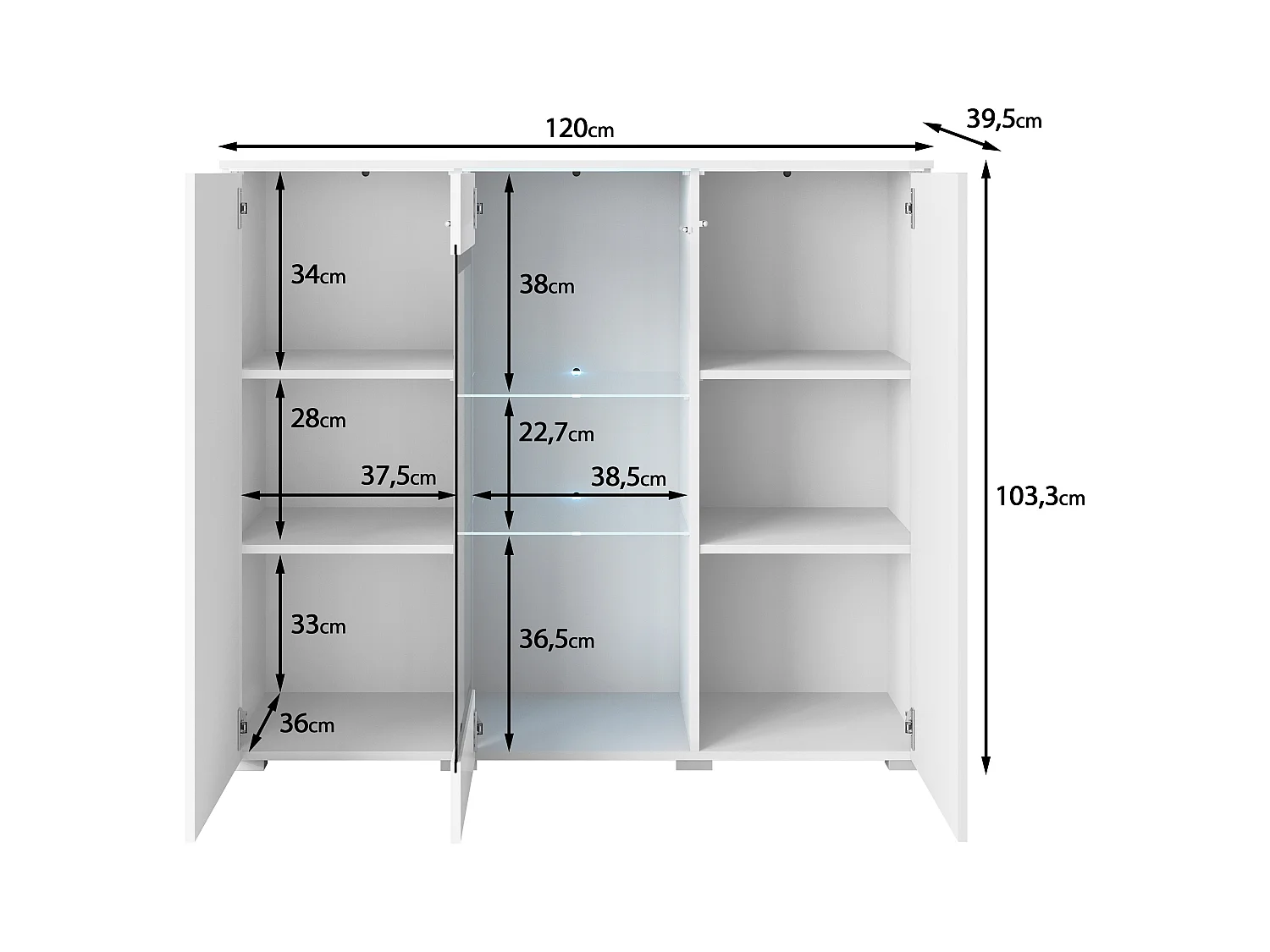Vitrine haute moderne 120 cm pour salon avec LED, 3 portes, corps blanc mat, façades blanc brillant