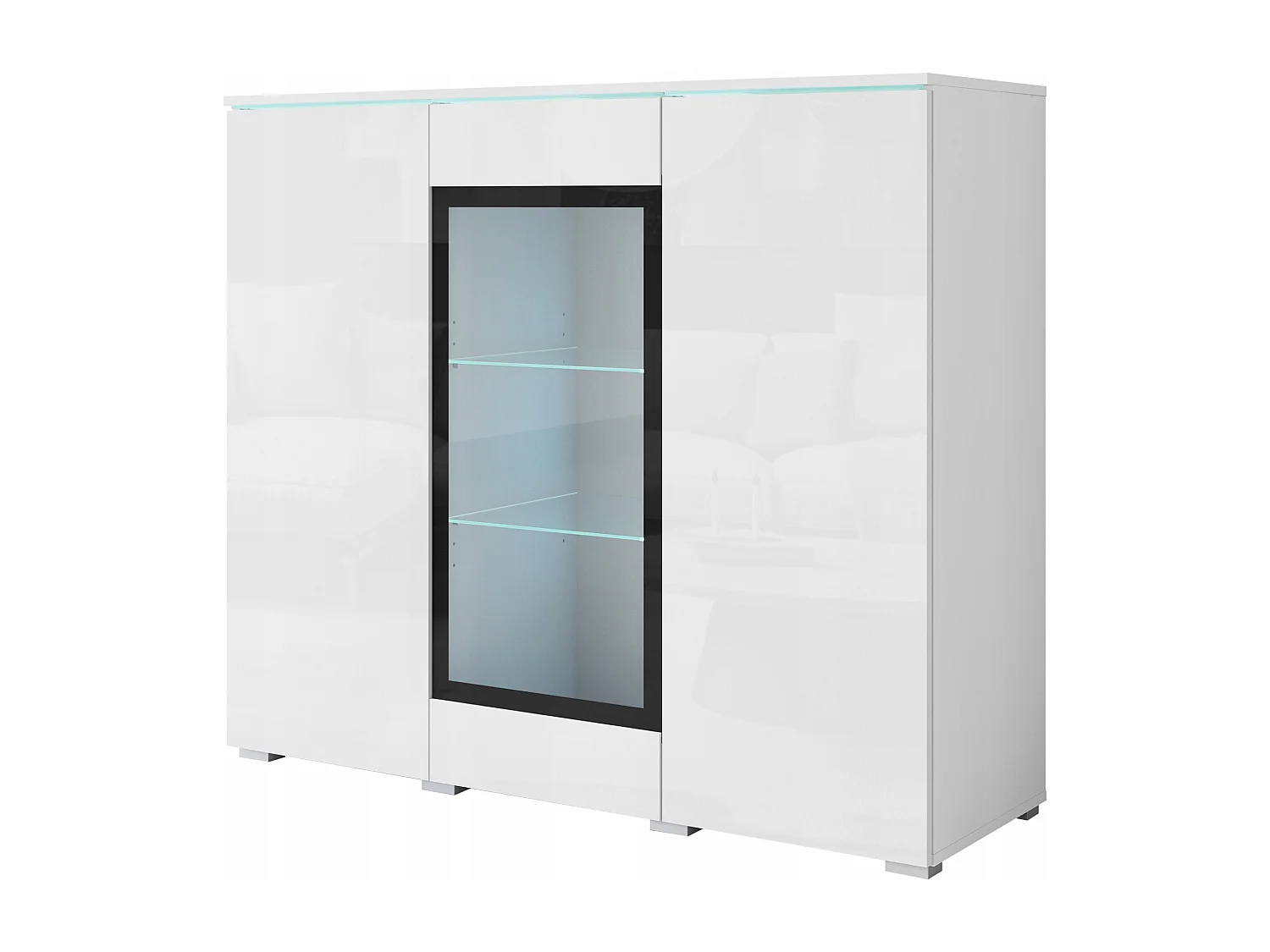 Vitrine haute moderne 120 cm pour salon avec LED, 3 portes, corps blanc mat, façades blanc brillant