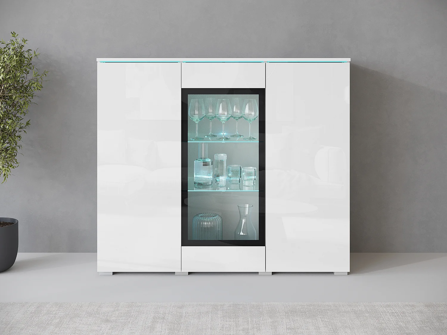 Vitrine haute moderne 120 cm pour salon avec LED, 3 portes, corps blanc mat, façades blanc brillant