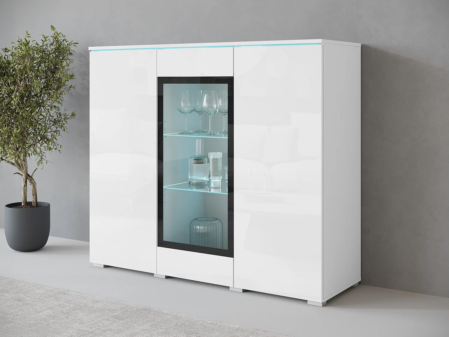 Vitrine haute moderne 120 cm pour salon avec LED, 3 portes, corps blanc mat, façades blanc brillant