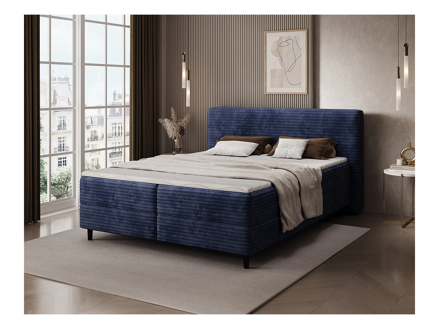 Box spring lit Magnolia/sommier tapissier/housse en tissu peluche/Bleu