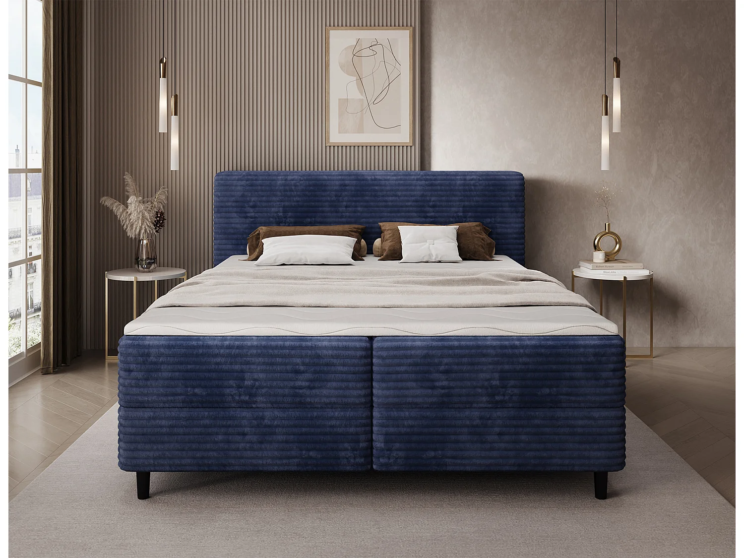 Box spring lit Magnolia/sommier tapissier/housse en tissu peluche/Bleu