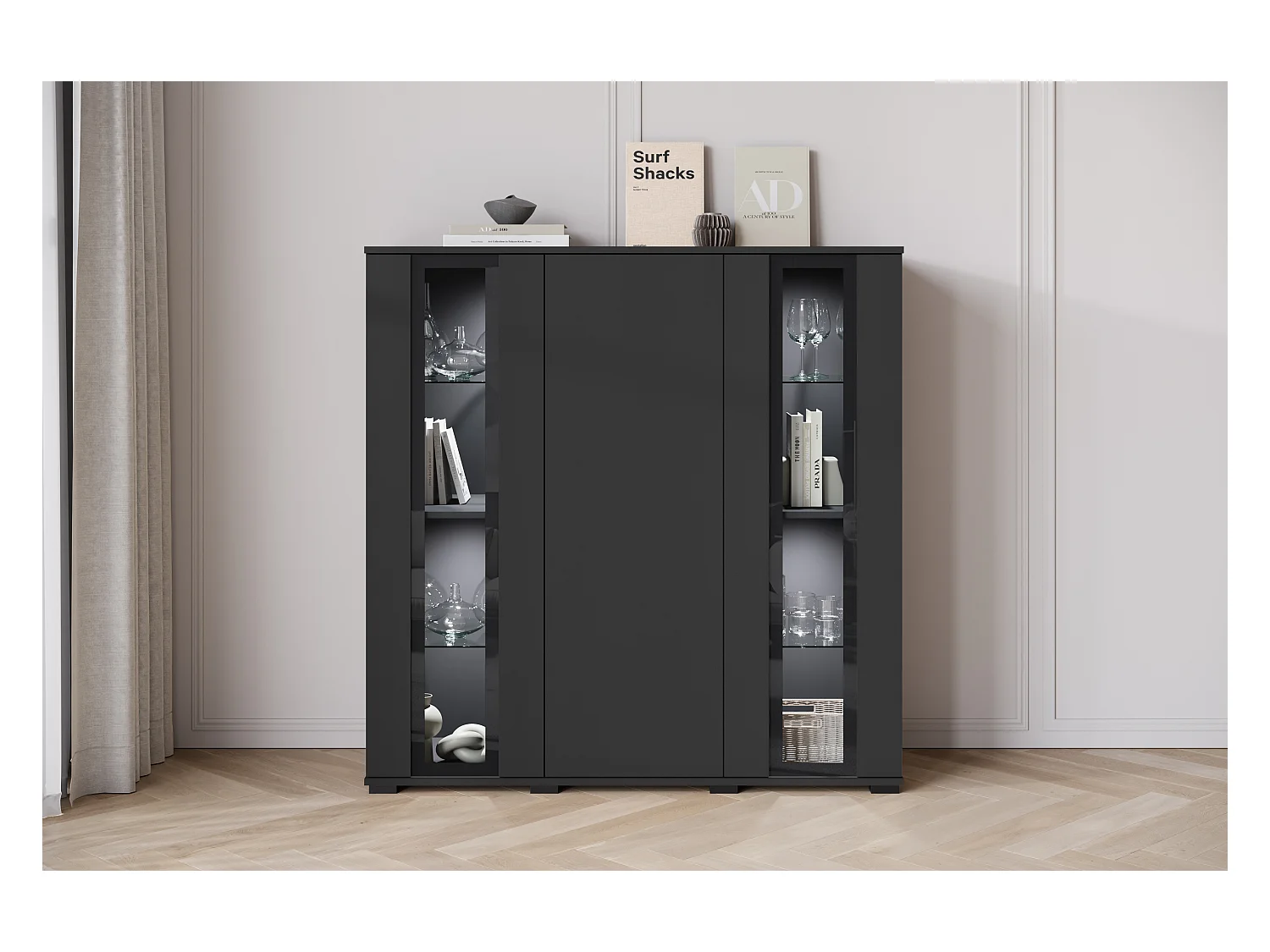 Highboard moderne 120 cm avec LED – vitrine haute de salon avec vitrages noir mat