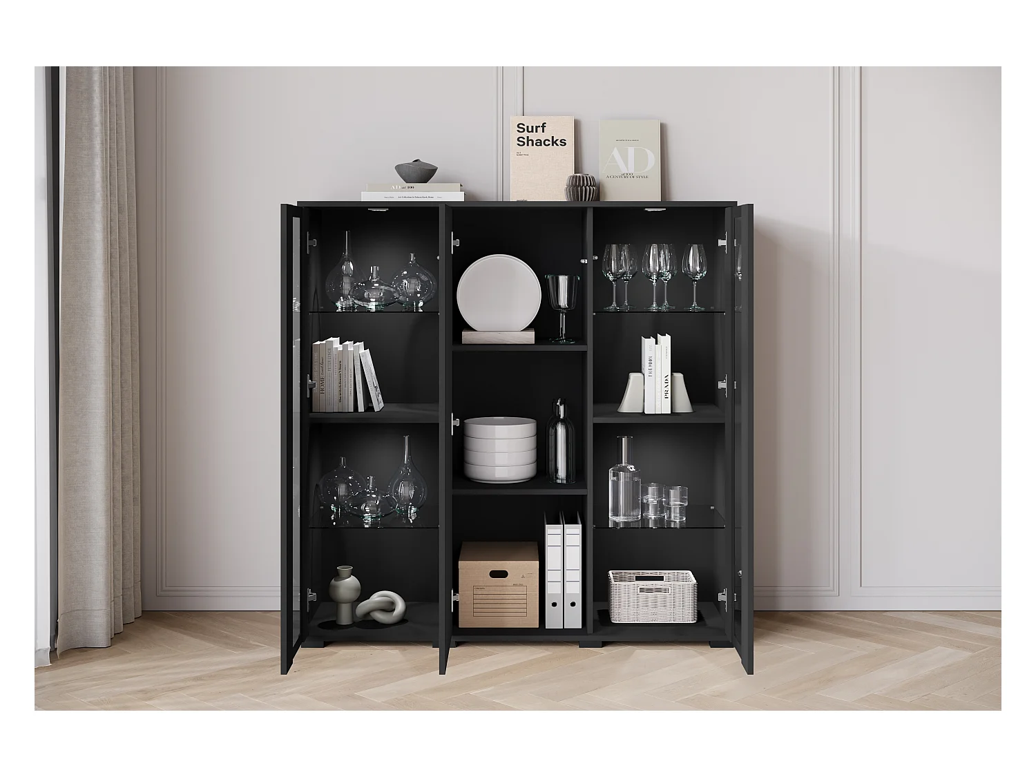 Highboard moderne 120 cm avec LED – vitrine haute de salon avec vitrages noir mat