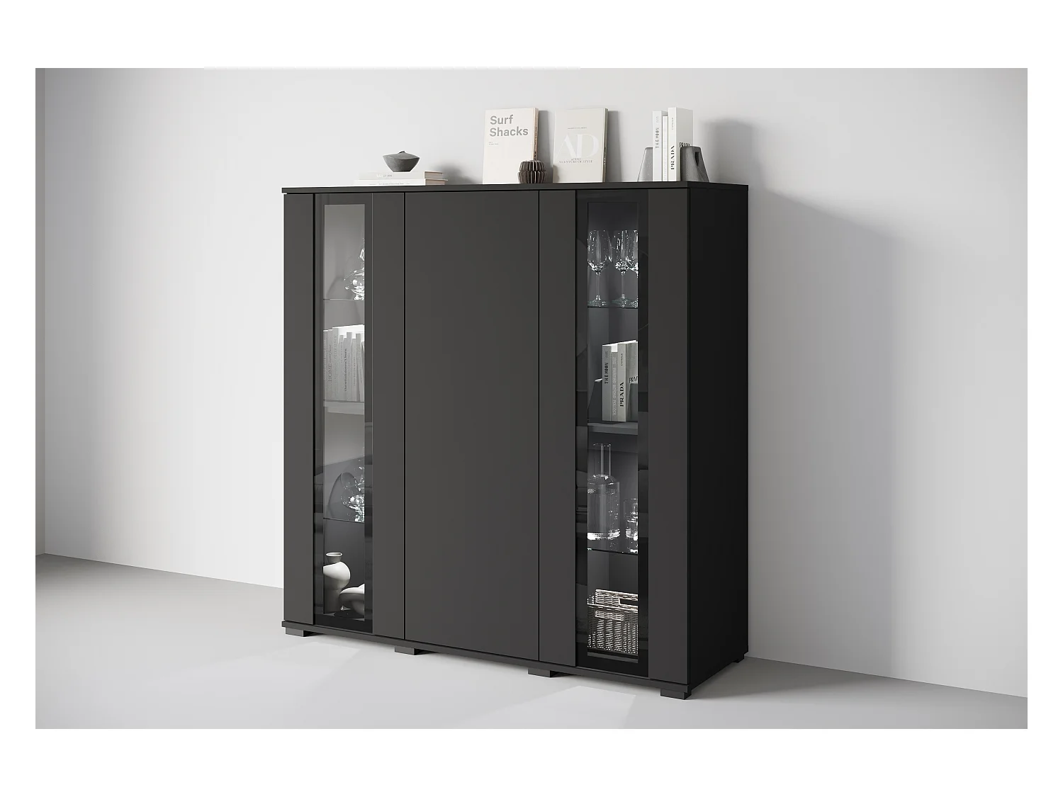 Highboard moderne 120 cm avec LED – vitrine haute de salon avec vitrages noir mat