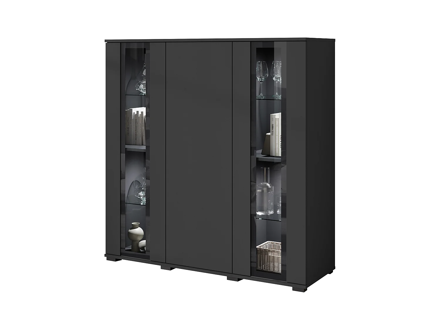 Highboard moderne 120 cm avec LED – vitrine haute de salon avec vitrages noir mat
