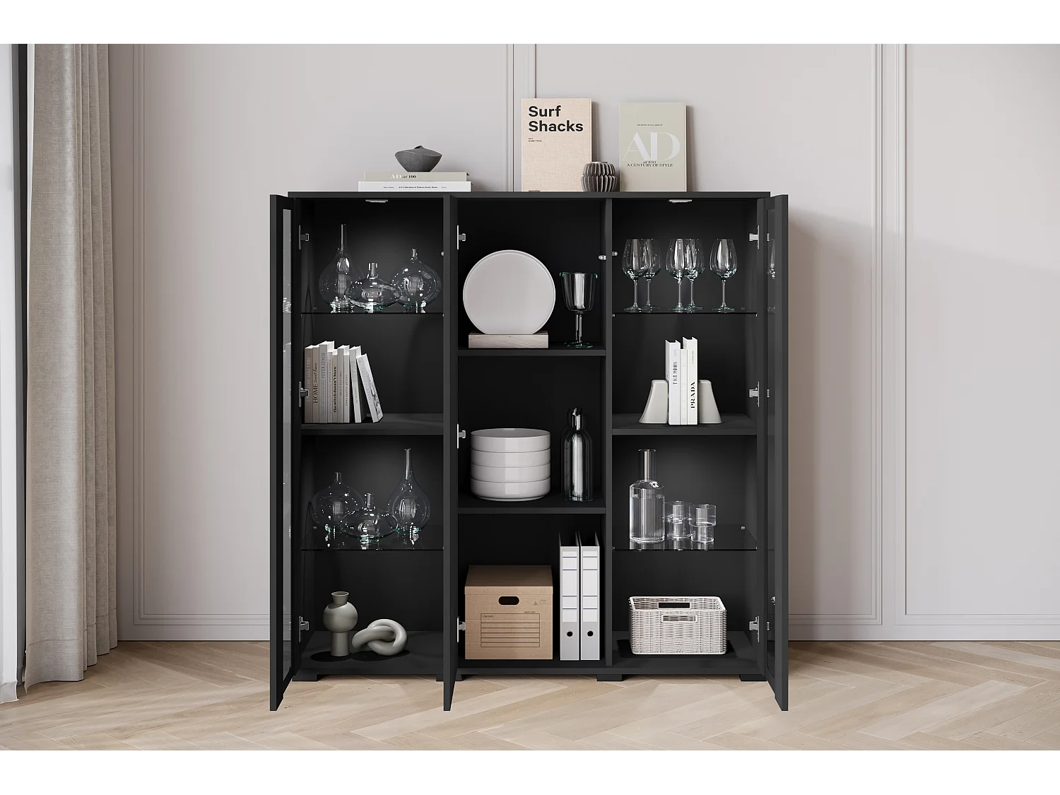 Highboard moderne 120 cm avec LED – vitrine haute de salon avec vitrages noir mat