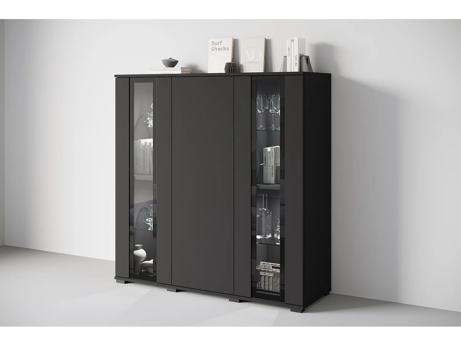 Highboard moderne 120 cm avec LED – vitrine haute de salon avec vitrages noir mat