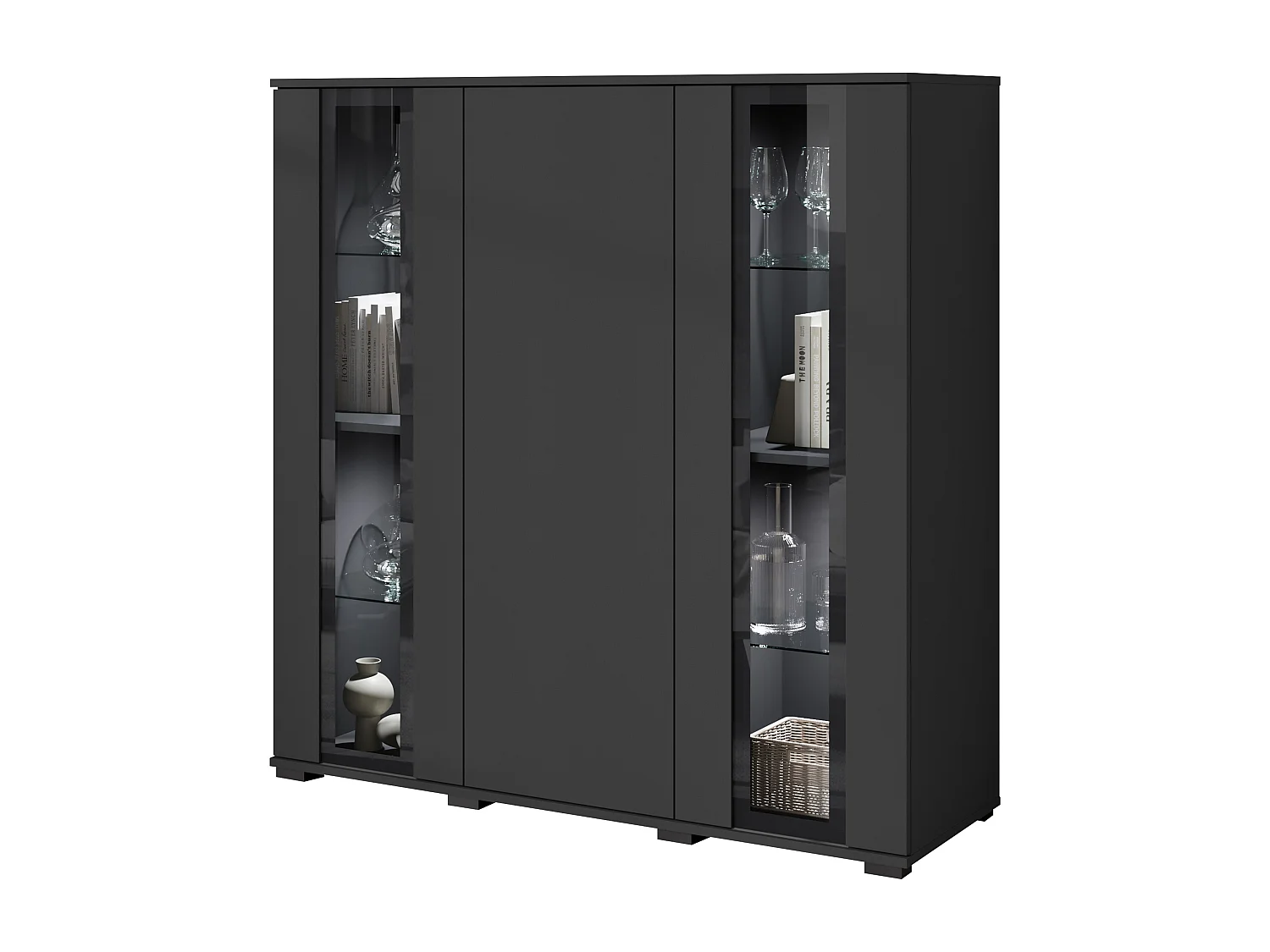 Highboard moderne 120 cm avec LED – vitrine haute de salon avec vitrages noir mat