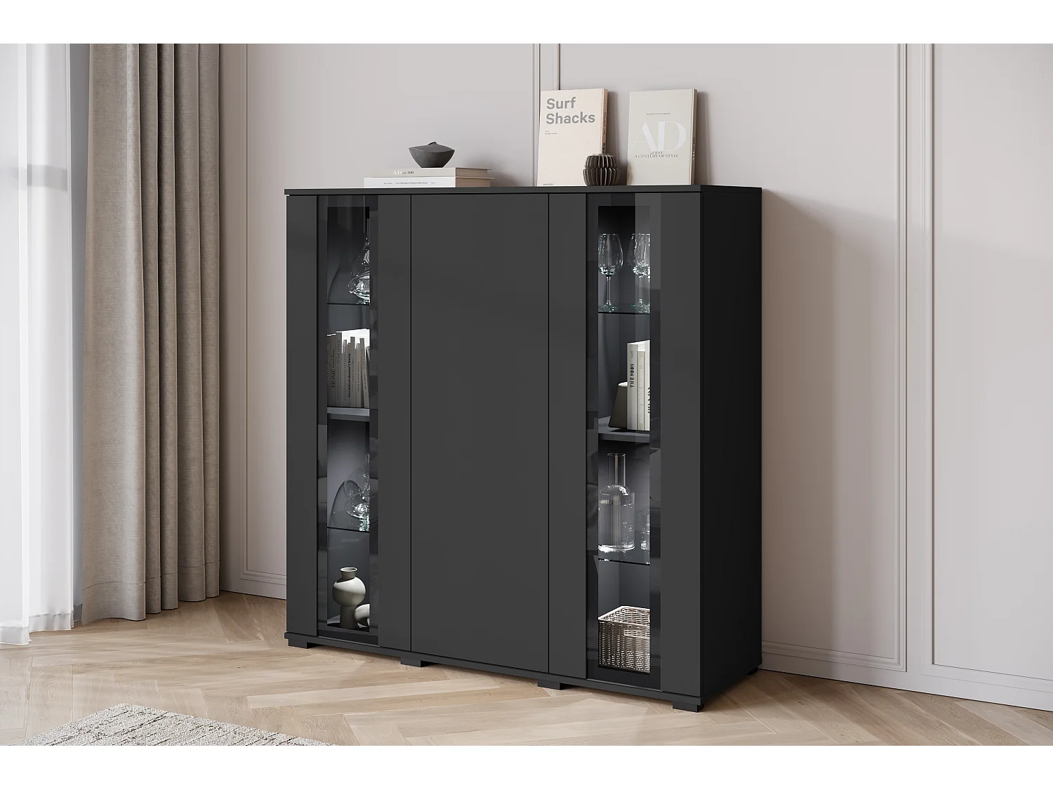 Highboard moderne 120 cm avec LED – vitrine haute de salon avec vitrages noir mat