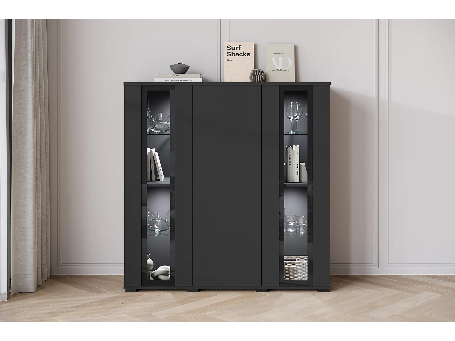Highboard moderne 120 cm avec LED – vitrine haute de salon avec vitrages noir mat
