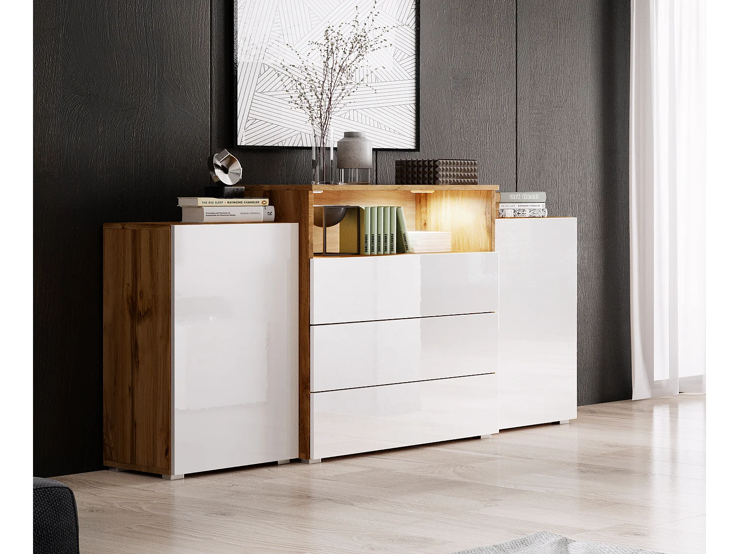 Commode 150 cm pour salon avec LED – moderne sur pied avec 3 tiroirs, corps chêne wotan, façades blanc brillant