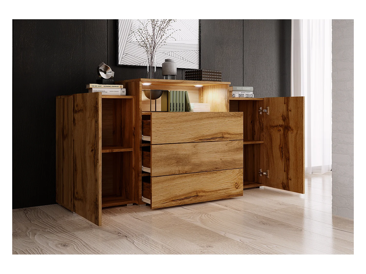 Commode 150 cm mate pour salon – moderne sur pied avec 3 tiroirs, armoires avec LED chêne wotan