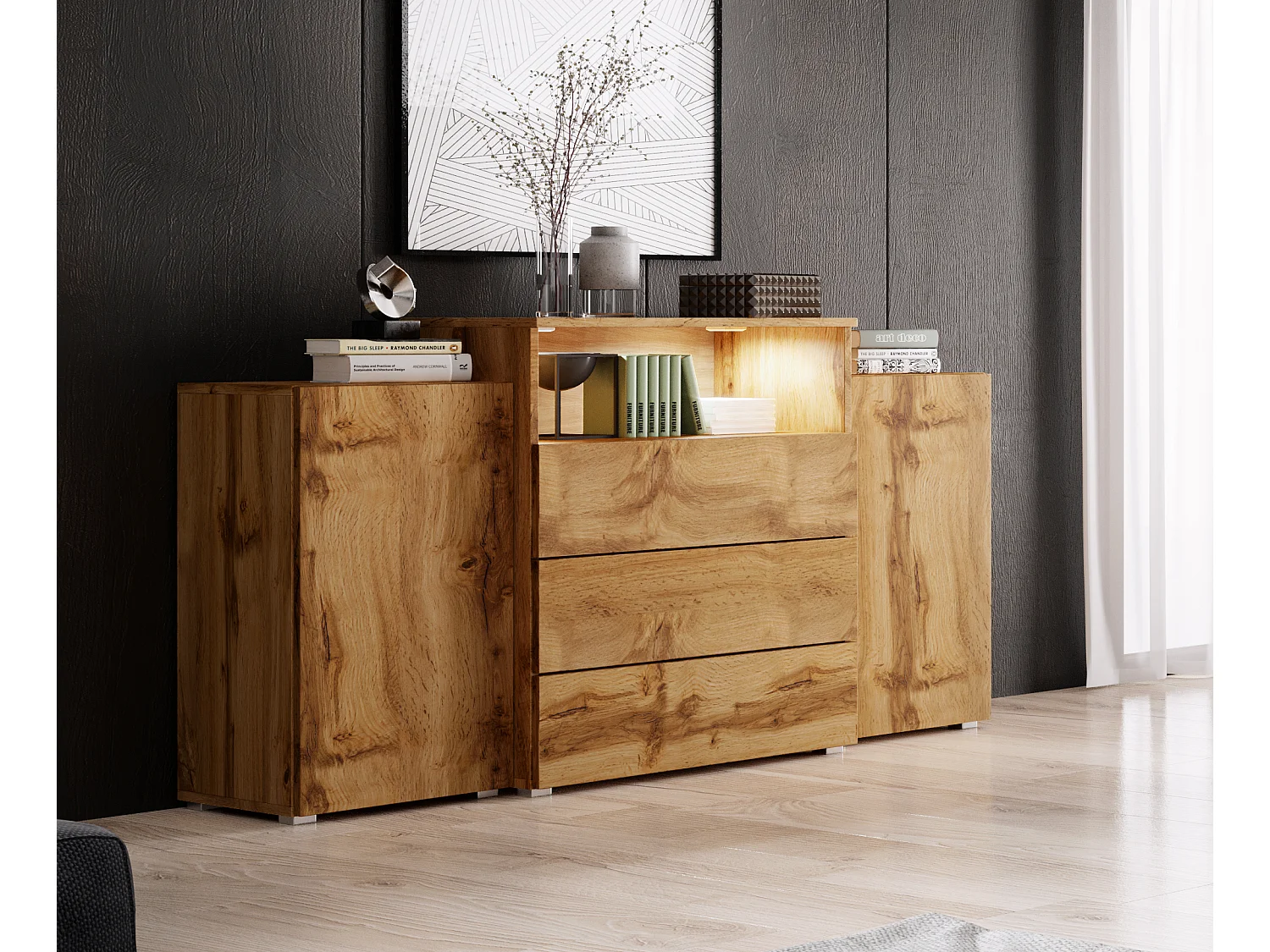 Moderne 150 cm Matte Eiche Wotan Kommode mit LED-Beleuchtung und 3 Schubladen für das Wohnzimmer