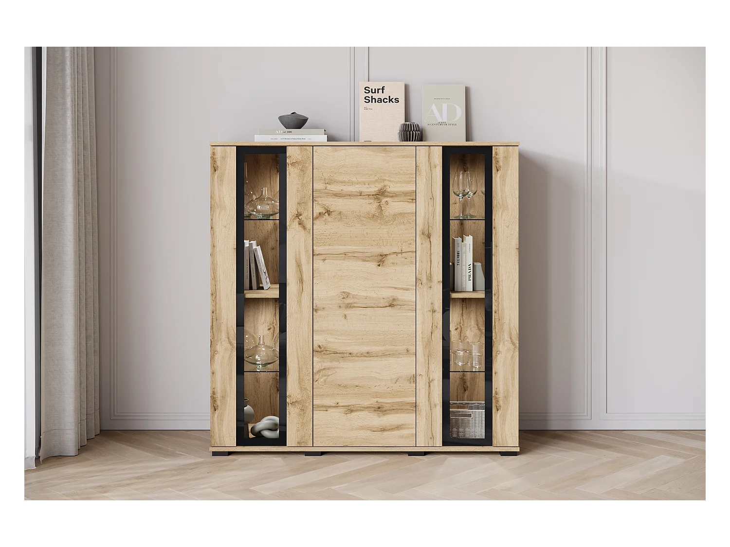 Highboard moderne 120 cm avec LED – vitrine haute de salon avec vitrages chêne wotan