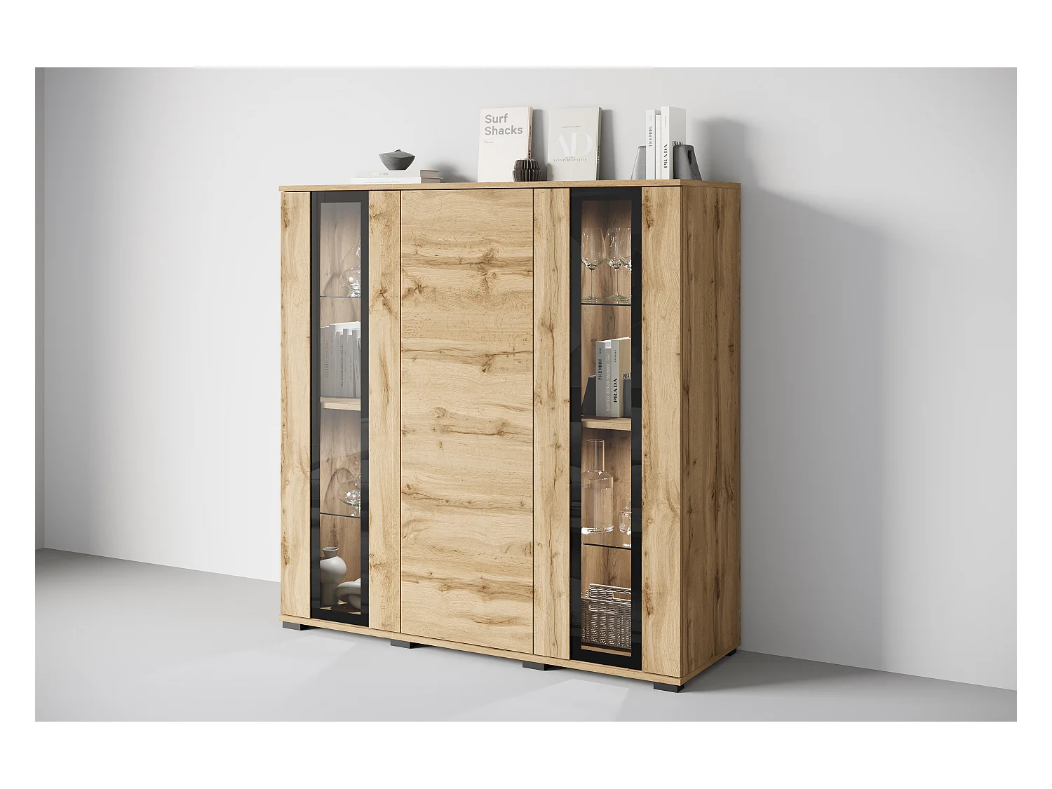 Highboard moderne 120 cm avec LED – vitrine haute de salon avec vitrages chêne wotan
