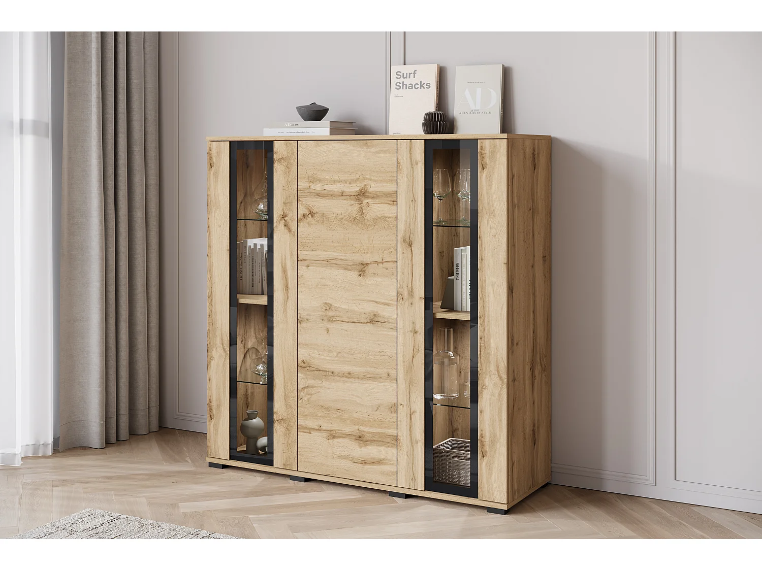 Nowoczesny highboard 120 cm z LED – wysoka witryna do salonu z przeszkleniami dąb wotan