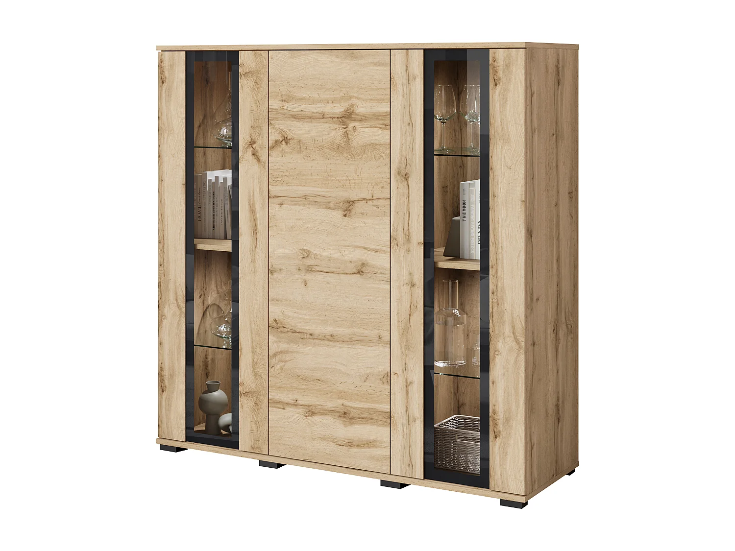 Nowoczesny highboard 120 cm z LED – wysoka witryna do salonu z przeszkleniami dąb wotan