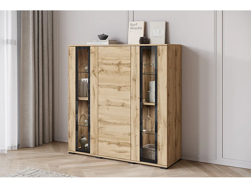 Nowoczesny highboard 120 cm z LED – wysoka witryna do salonu z przeszkleniami dąb wotan