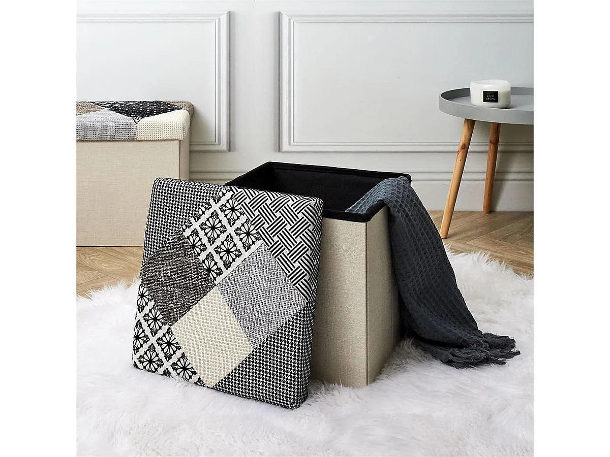 Pouf Coffre Pliable Motif Patchwork Gris - LORY