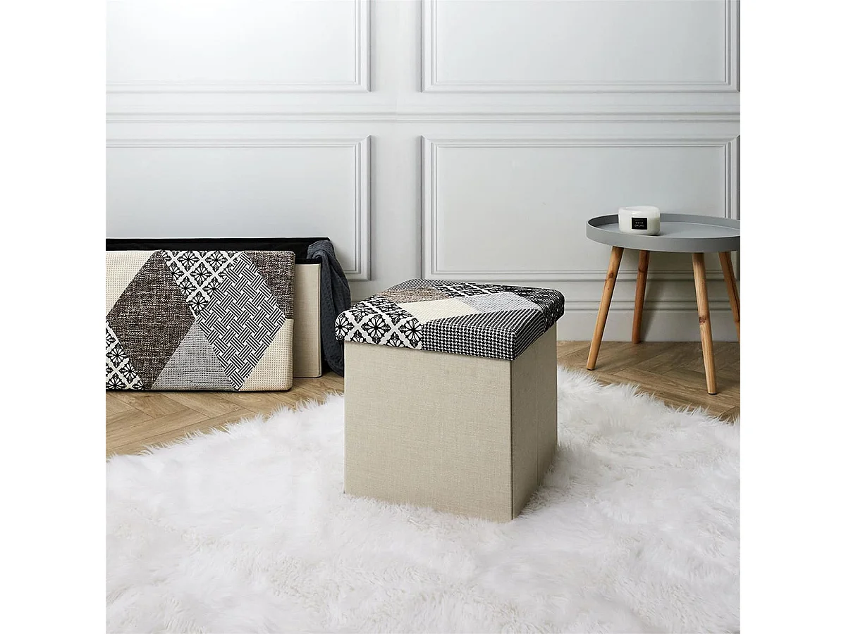 Pouf Coffre Pliable Motif Patchwork Gris - LORY