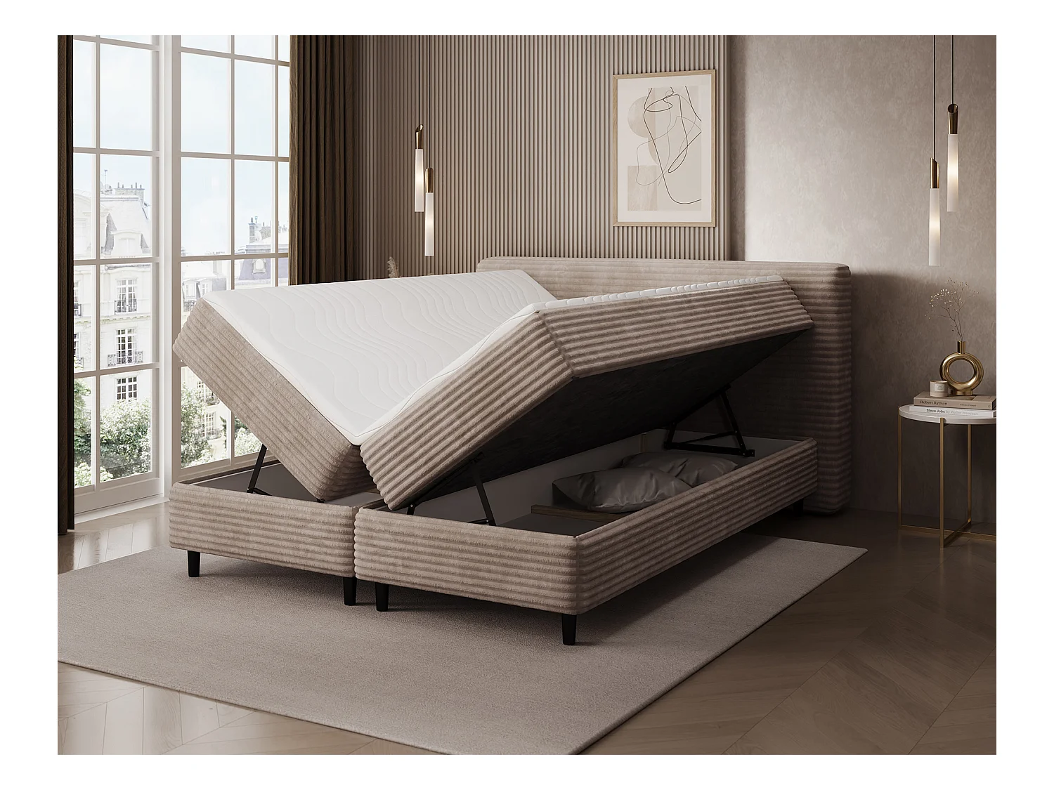 Letto a molle Magnolia/letto contenitore/fodera in tessuto felpato/Marrone