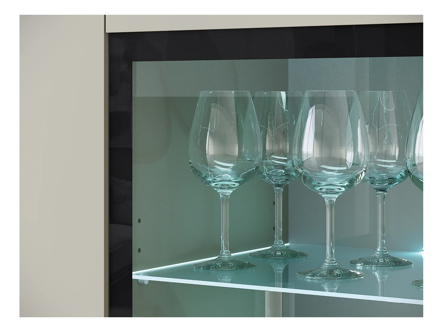 Vitrine haute moderne 120 cm pour salon avec LED, 3 portes, beige cachemire mat