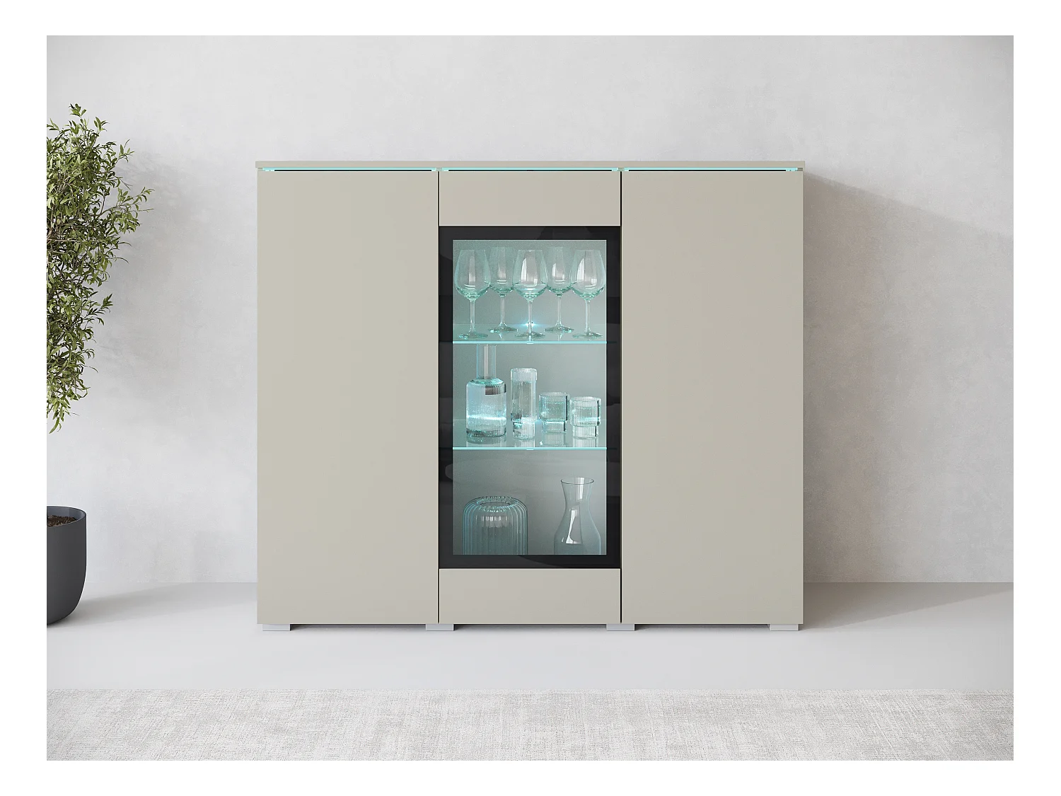 Vitrine haute moderne 120 cm pour salon avec LED, 3 portes, beige cachemire mat