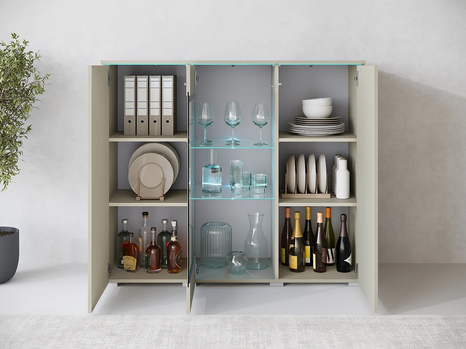 Vitrine haute moderne 120 cm pour salon avec LED, 3 portes, beige cachemire mat