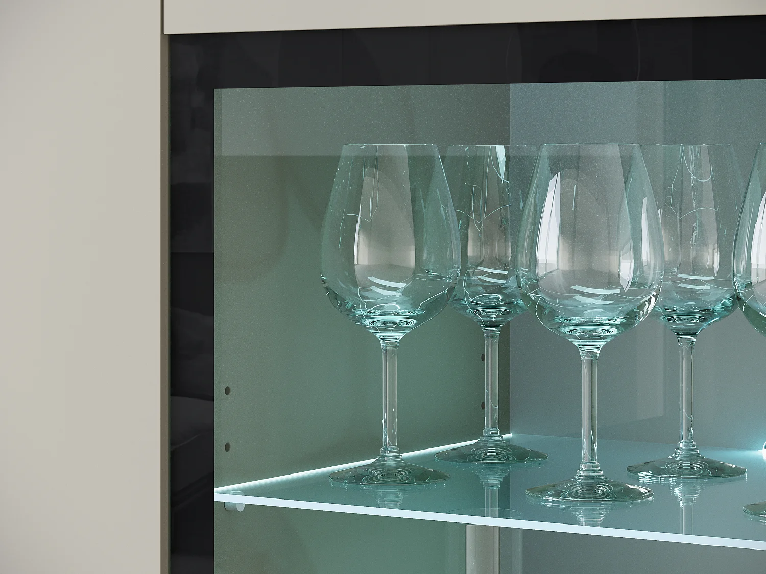 Vitrine haute moderne 120 cm pour salon avec LED, 3 portes, beige cachemire mat