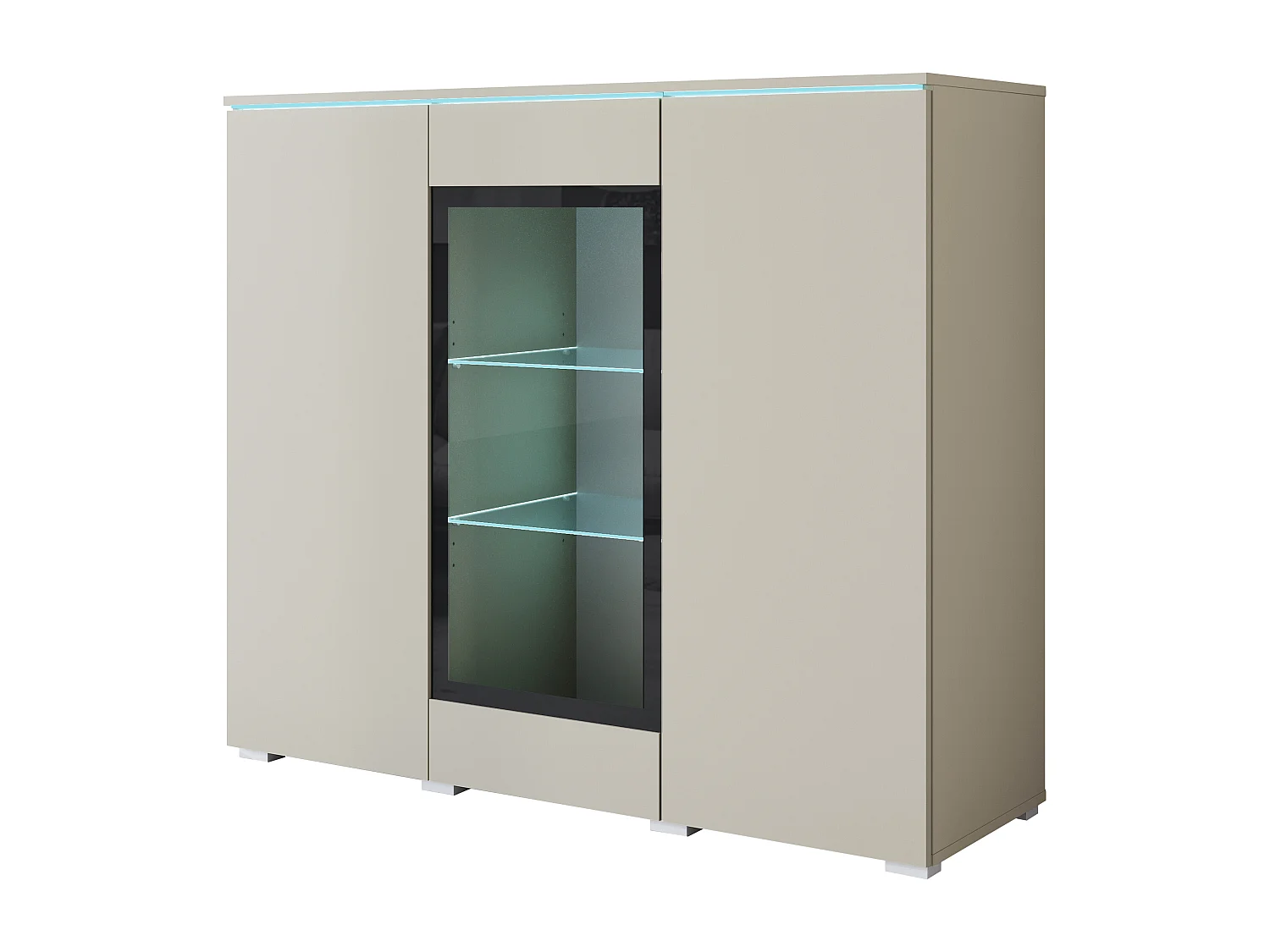 Vitrine haute moderne 120 cm pour salon avec LED, 3 portes, beige cachemire mat